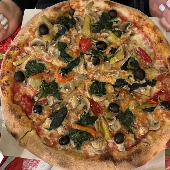 Thin-crust pizza with spinach, mushrooms, peppers and olives, seen from above