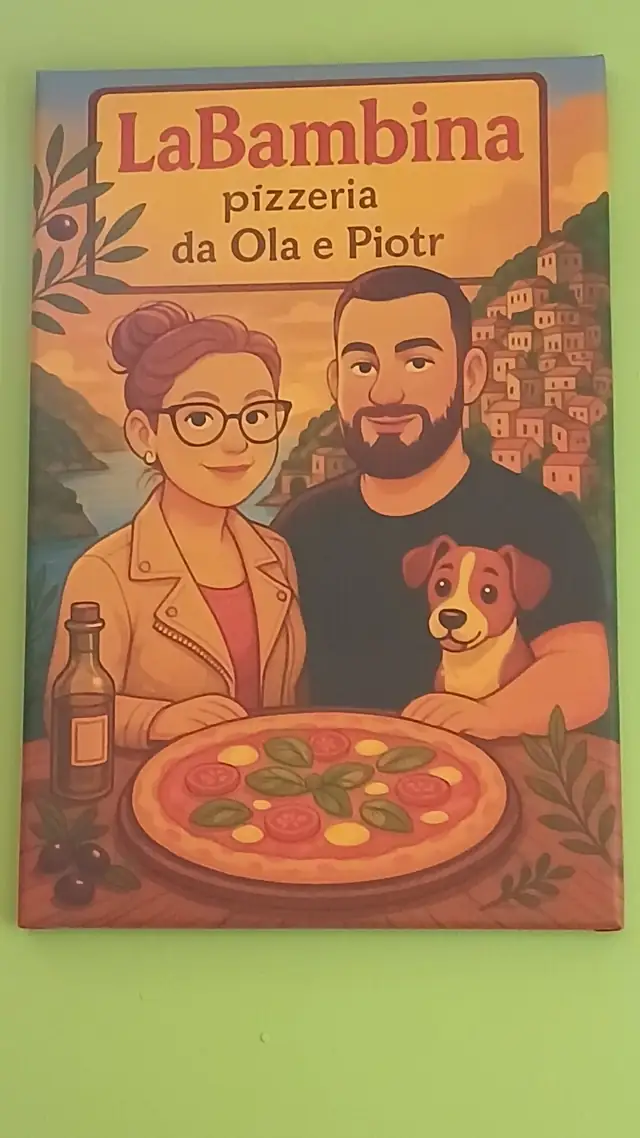 Ola and Piotr with their dog on the La Bambina poster